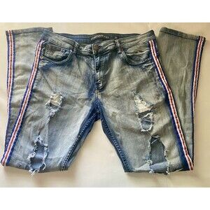LV PremiumJeans Red White Blue Stripe Distressed Y2K Denim Jeans